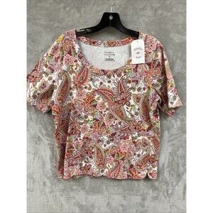 The Talbots Tee Top Women’s 1X Pink Paisley Stretch Casual Basic Short Sleeve‎